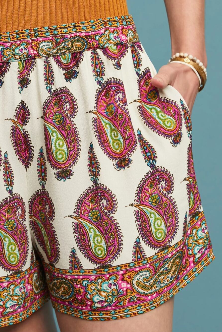 Anthropologie Ett:Twa Boho Paisley Scarf Print White Shorts Size Small